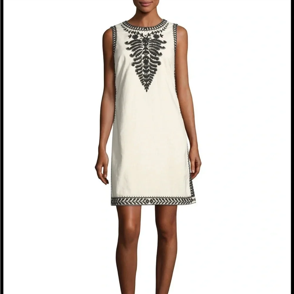 Tory Burch Camille Contrast-Embroidered Shift Dress In White